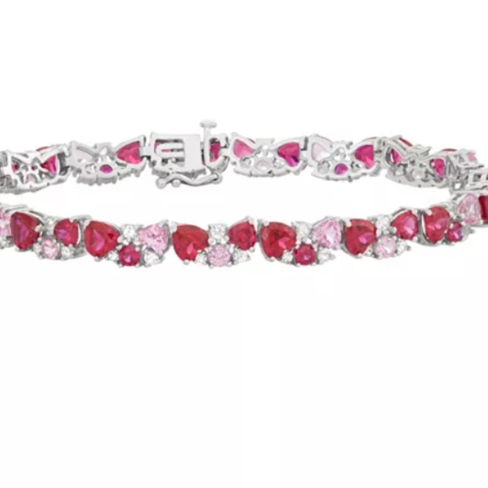 Sterling Silver Lab-Created Gemstone Cluster Heart Bracelet 7.5 in